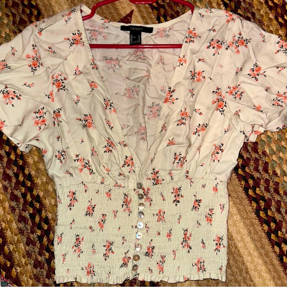 Juniors Mint Green Floral Print Short Sleeve Blouse With Buttons Size-M